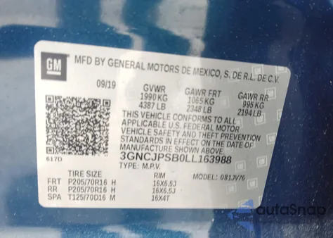 2020 Chevrolet Trax Awd Lt из США, поврежденный, VIN 3GNCJPSB0LL163988